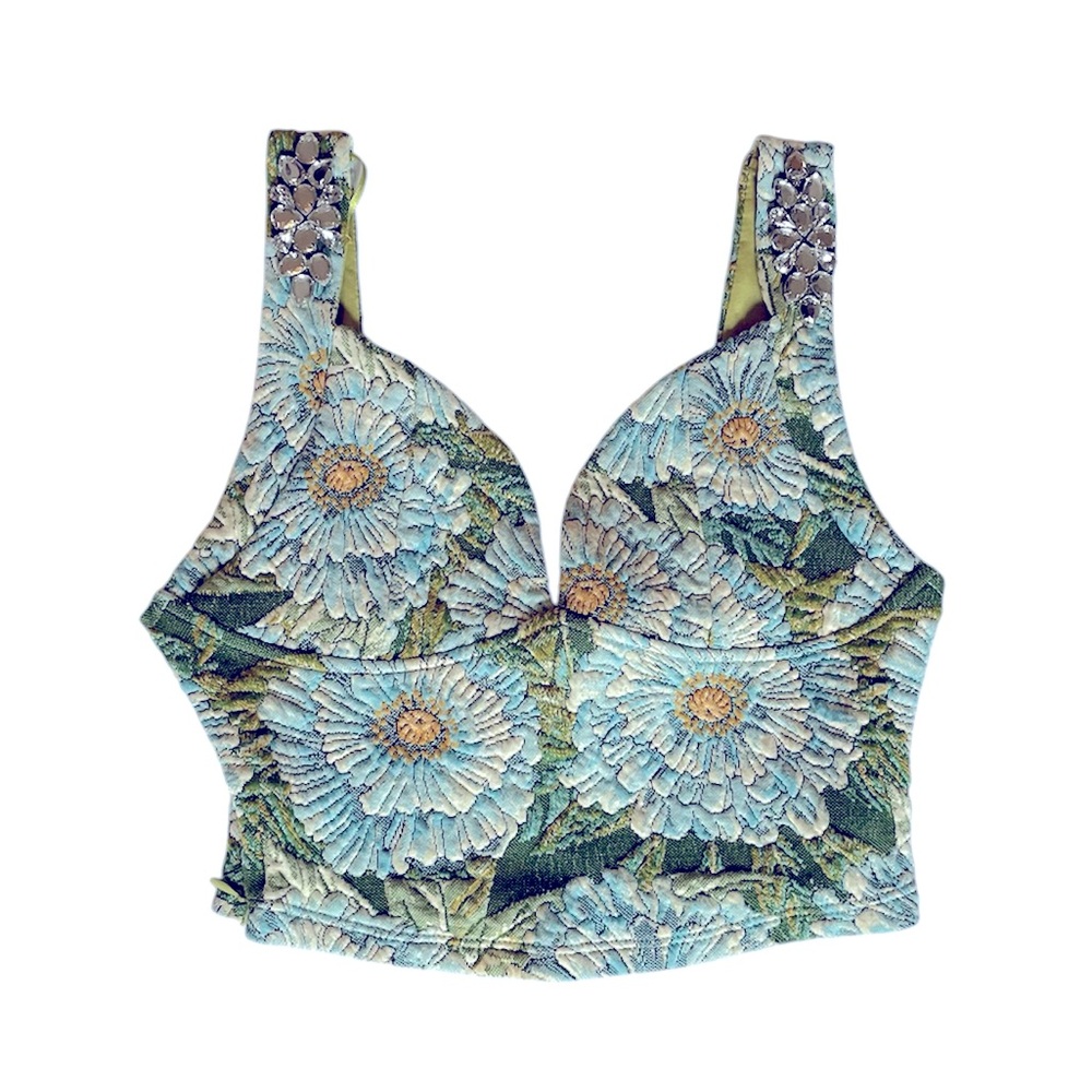 Zara Jeweled Floral Jacquard Crop Top NWT